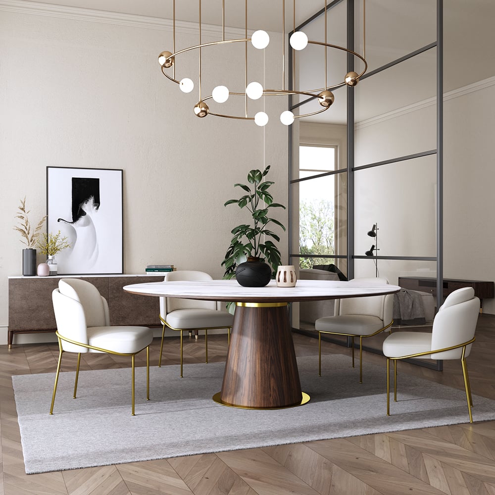 HMR - Dining Set 47.2" Round Sintered Stone Dining Table With 6 Chairs