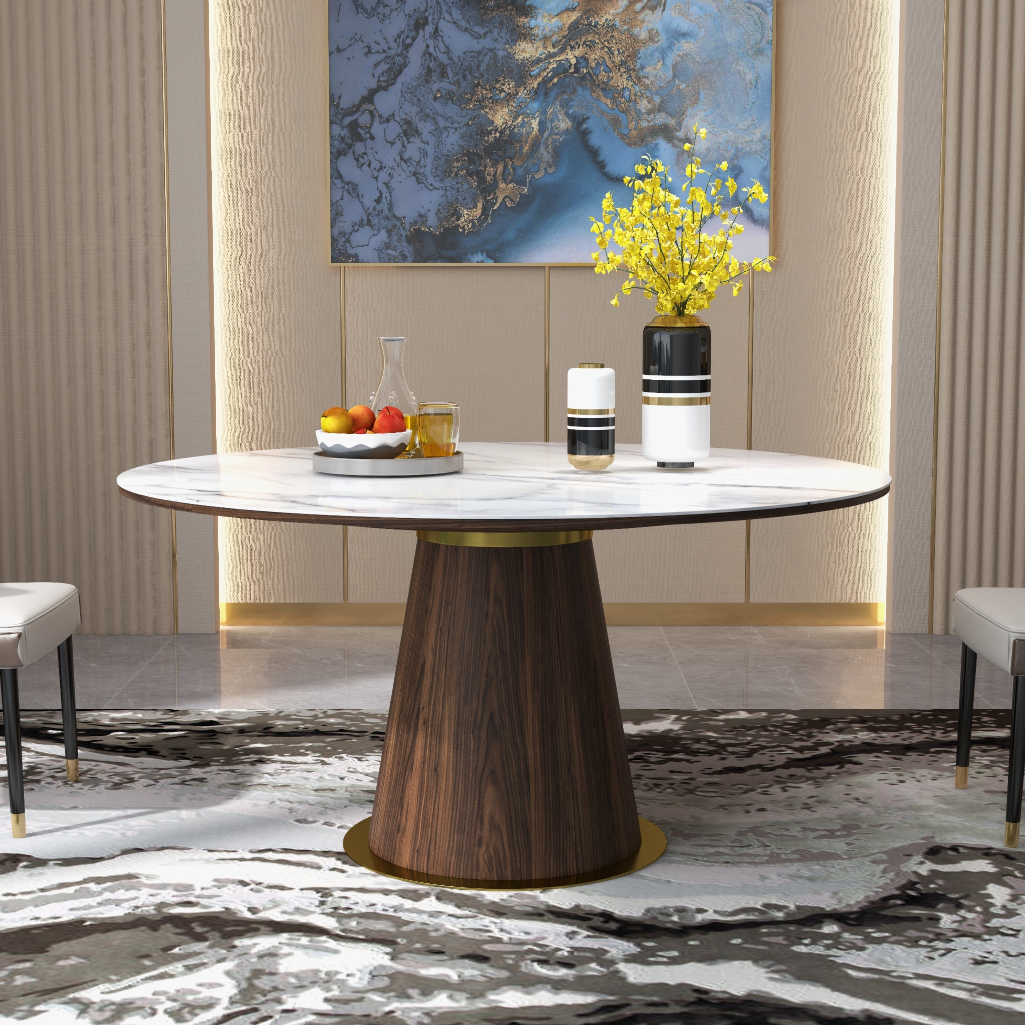HMR - Dining Set 47.2" Round Sintered Stone Dining Table With 6 Chairs