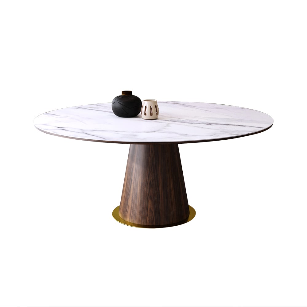 HMR - Dining Set 47.2" Round Sintered Stone Dining Table With 6 Chairs