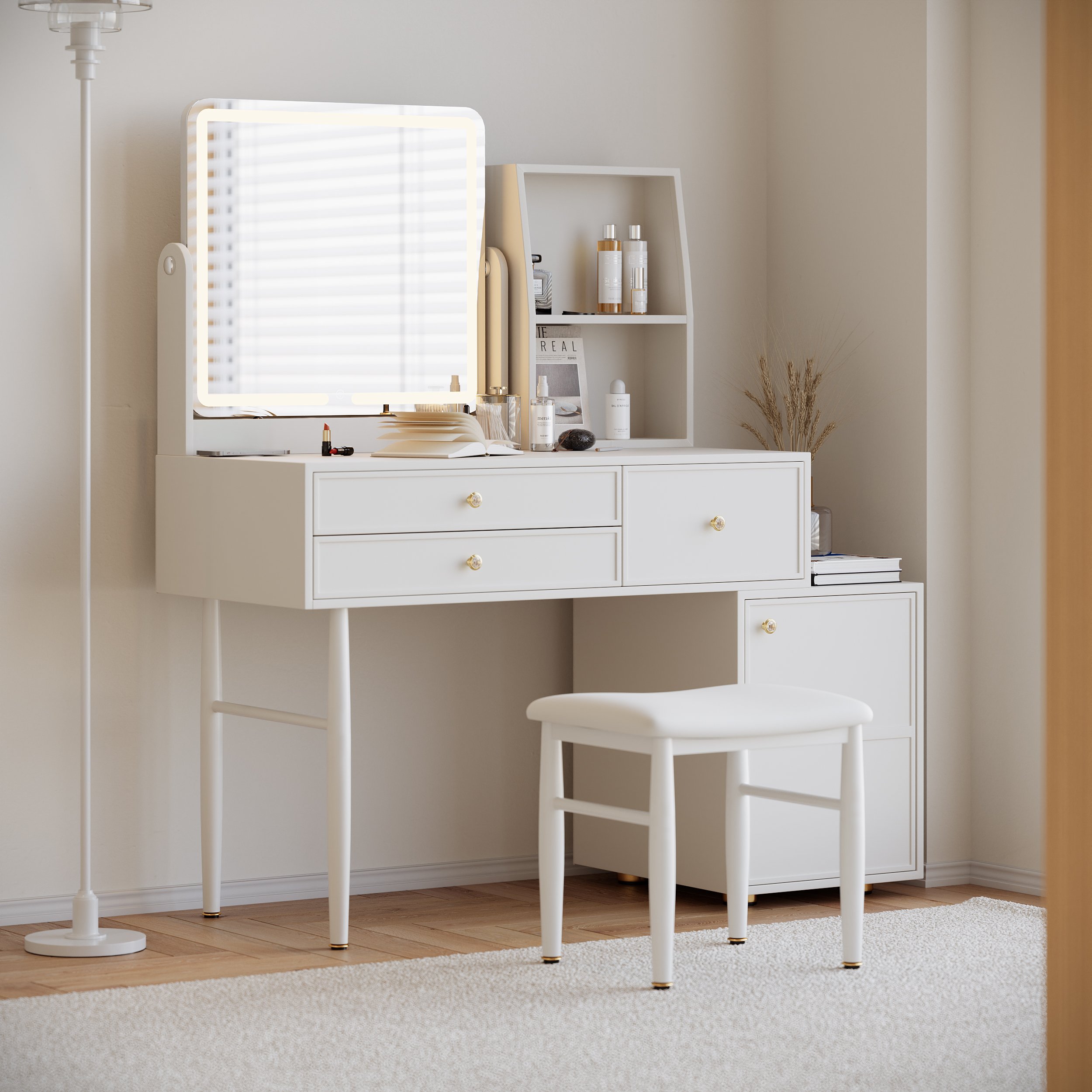 HMR - 39" White Leather Makeup Vanity Set with Charger Led Mirror