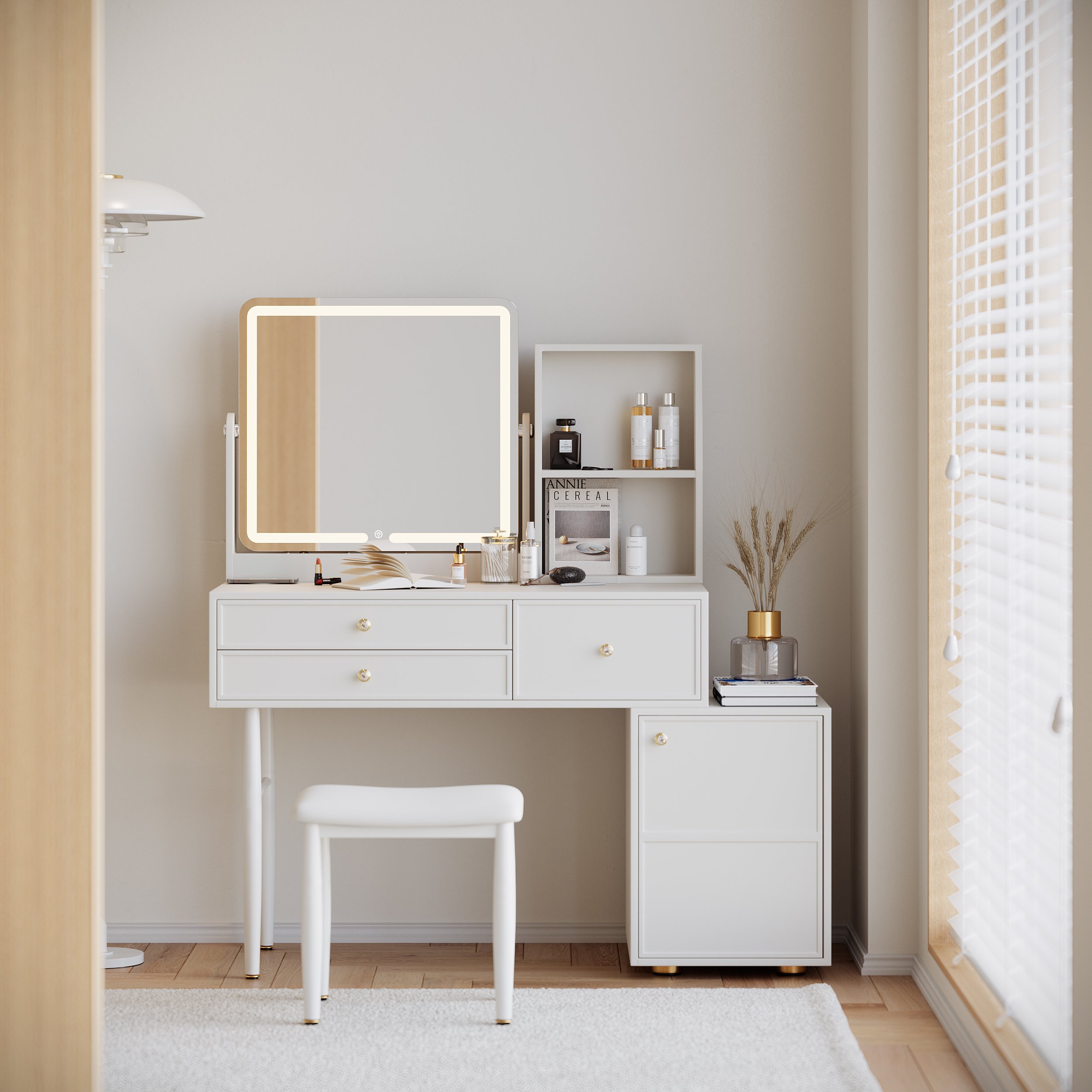 HMR - 39" White Leather Makeup Vanity Set with Charger Led Mirror