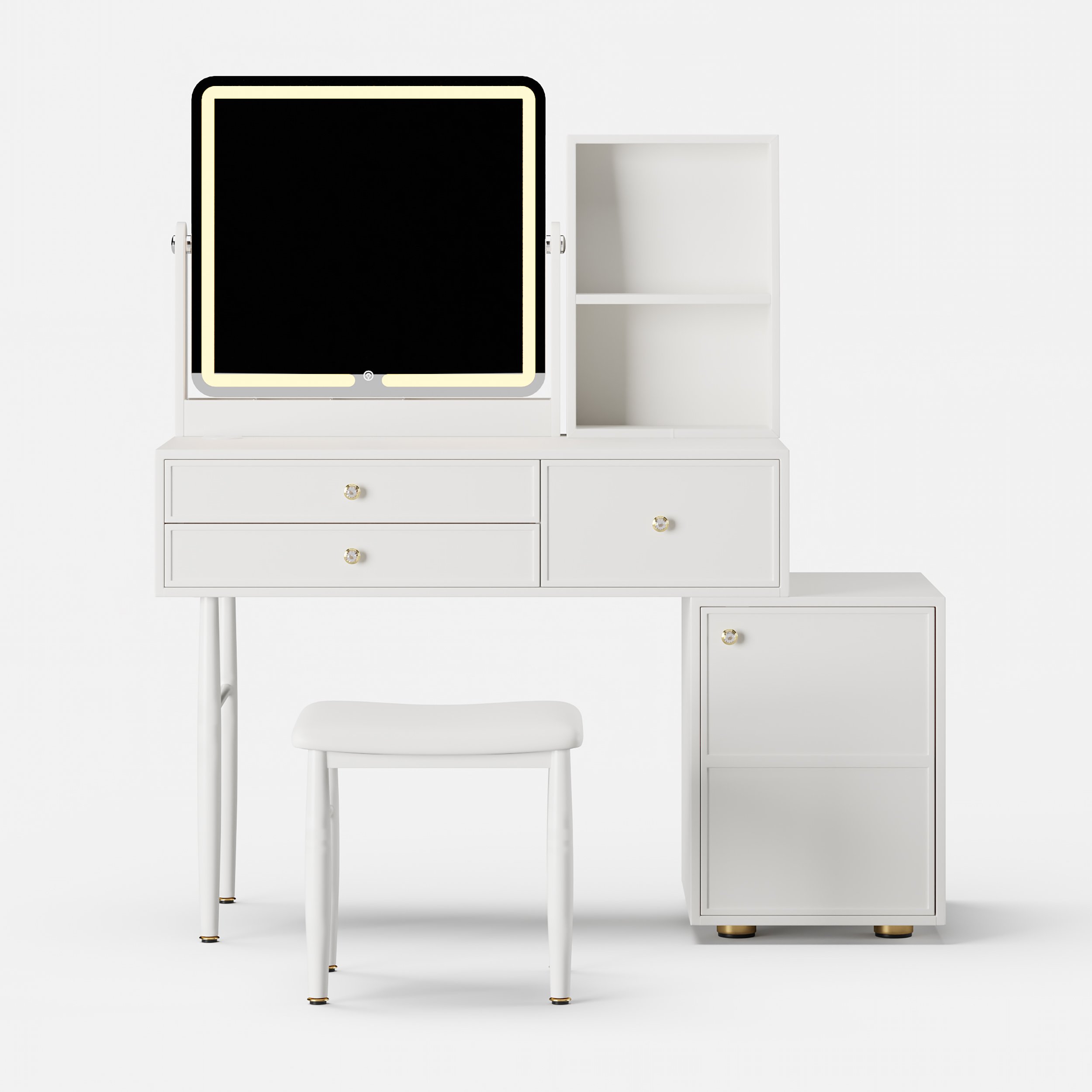 HMR - 39" White Leather Makeup Vanity Set with Charger Led Mirror
