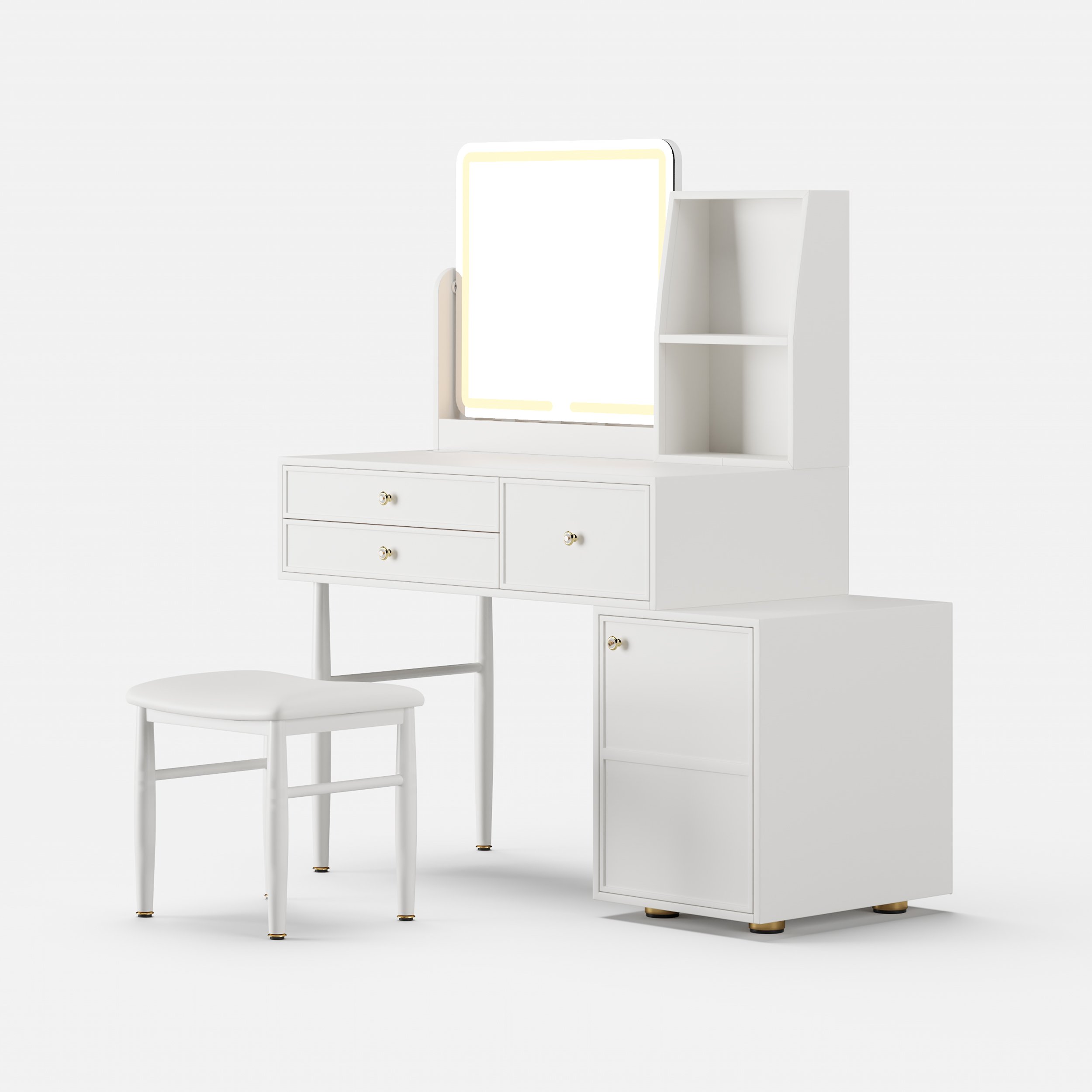 HMR - 39" White Leather Makeup Vanity Set with Charger Led Mirror