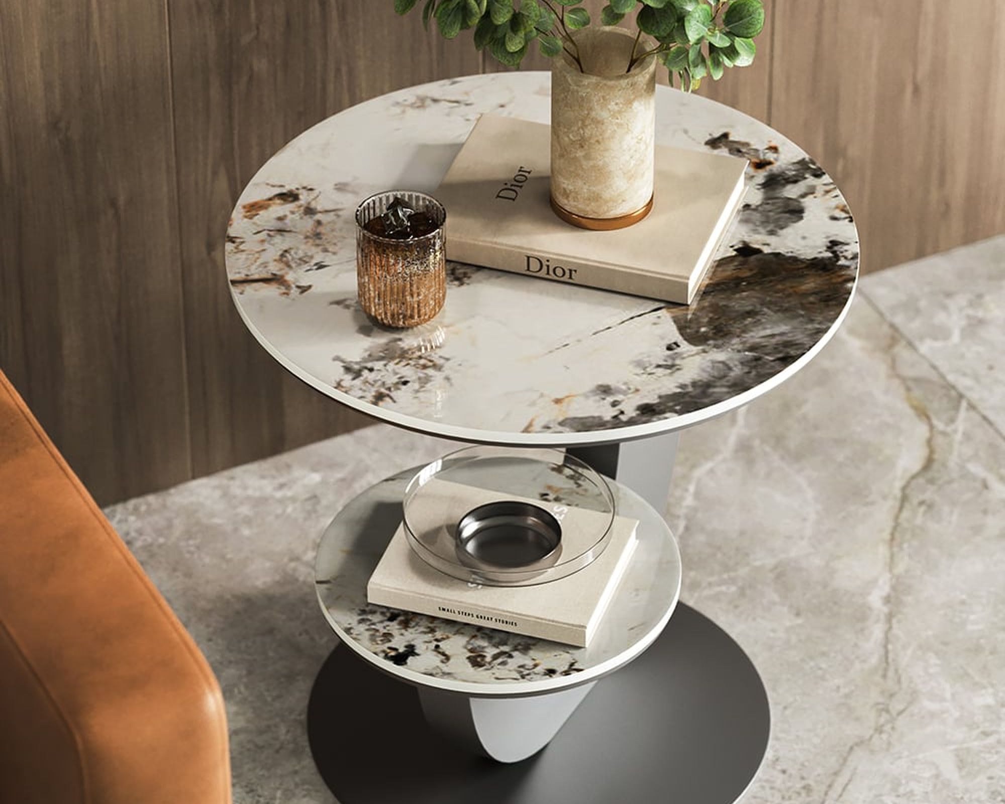 HMR 20" Round Sintered Stone 2-Tier Moon-Shaped Side Table - White & Gray