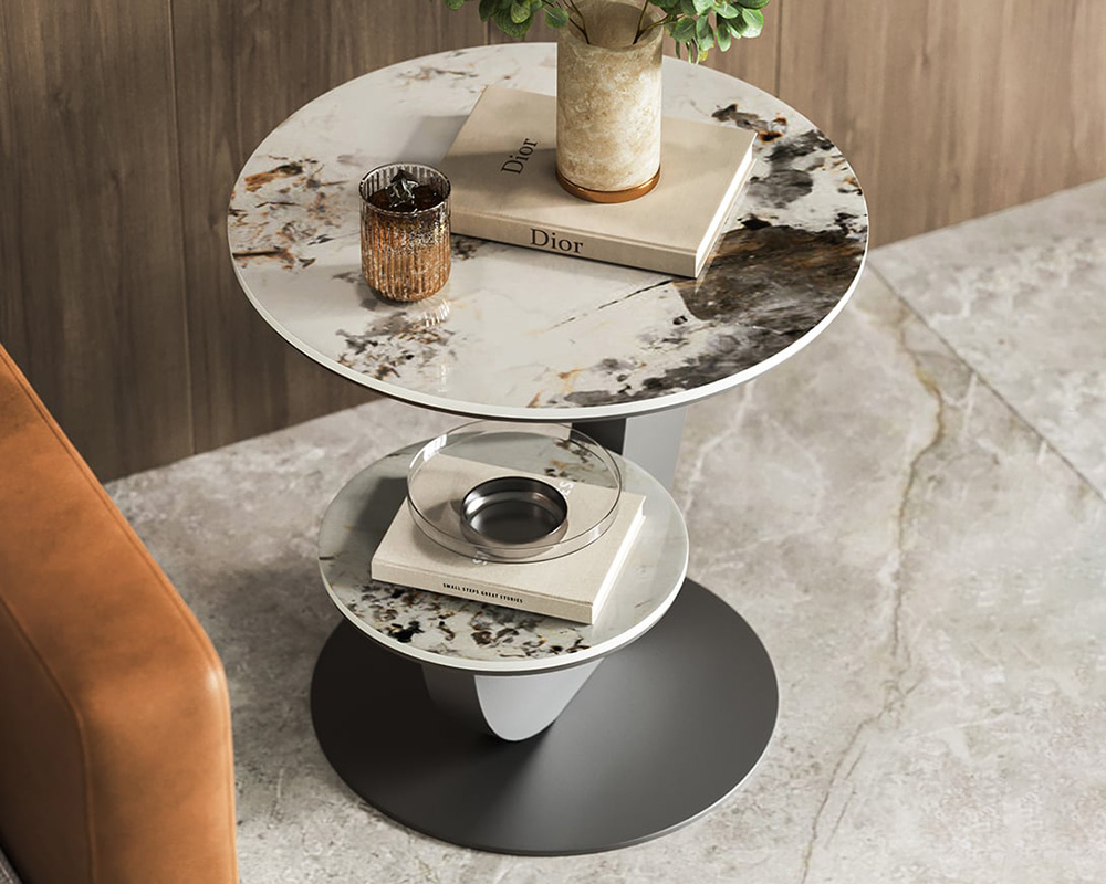 HMR 20" Round Sintered Stone 2-Tier Moon-Shaped Side Table - White & Gray