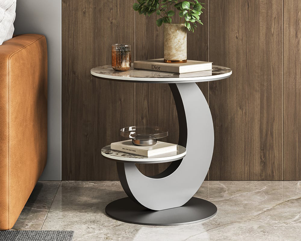 HMR 20" Round Sintered Stone 2-Tier Moon-Shaped Side Table - White & Gray