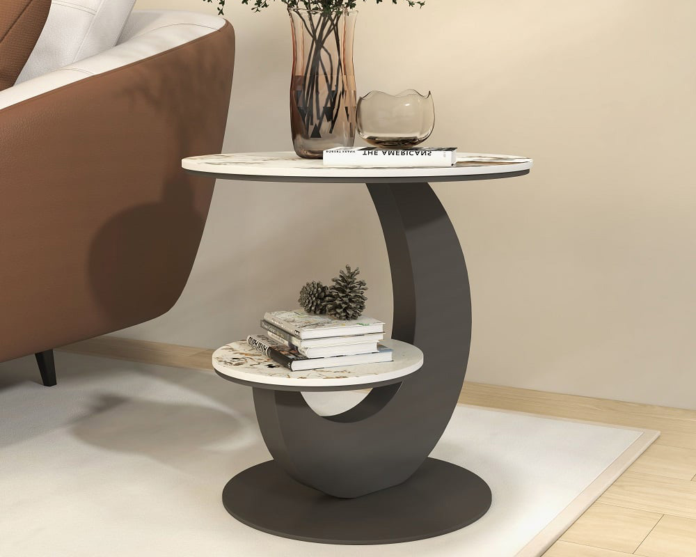 HMR 20" Round Sintered Stone 2-Tier Moon-Shaped Side Table - White & Gray