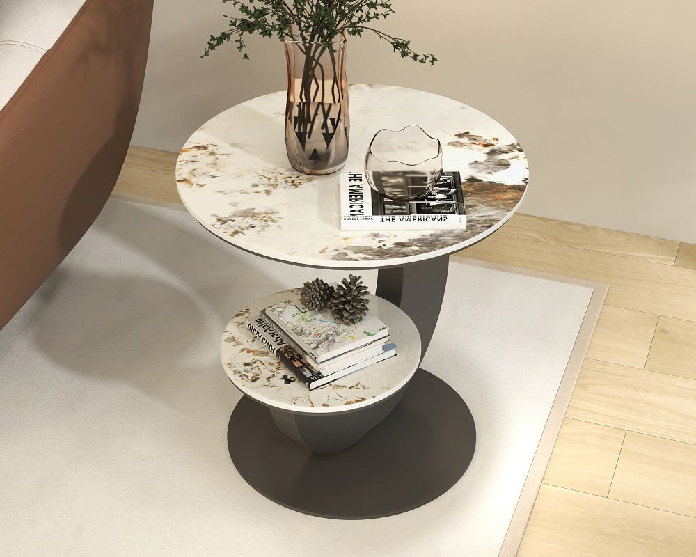 HMR 20" Round Sintered Stone 2-Tier Moon-Shaped Side Table - White & Gray