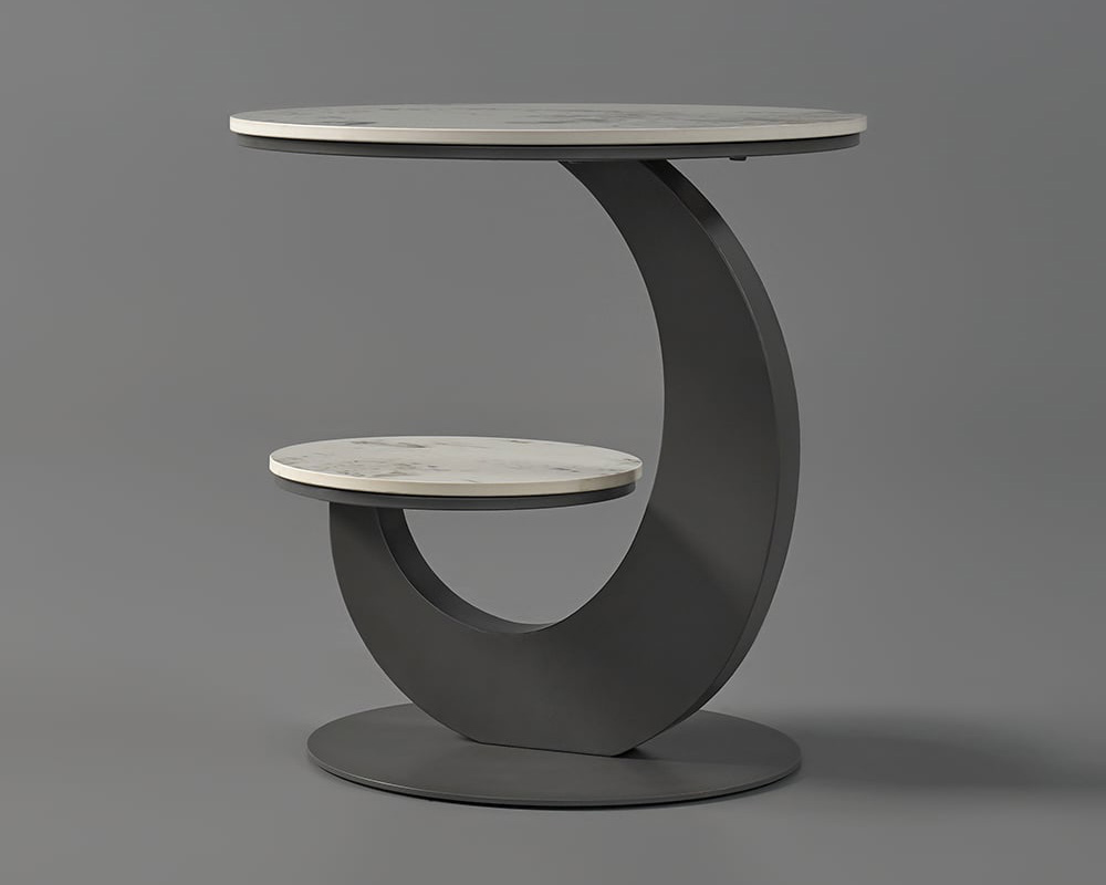 HMR 20" Round Sintered Stone 2-Tier Moon-Shaped Side Table - White & Gray