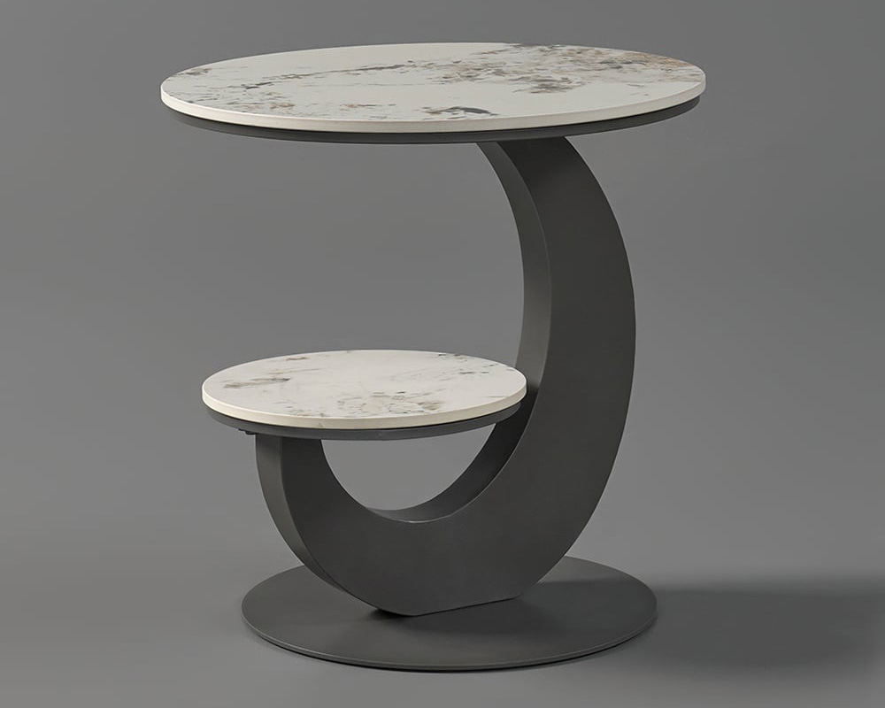 HMR 20" Round Sintered Stone 2-Tier Moon-Shaped Side Table - White & Gray