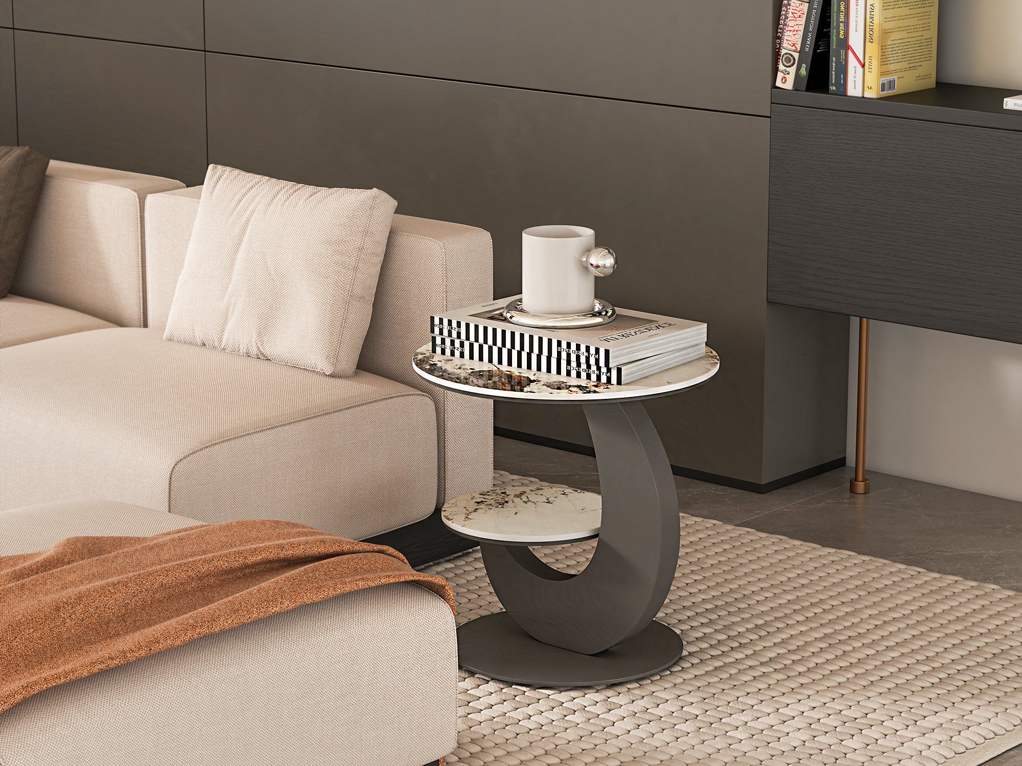 HMR 20" Round Sintered Stone 2-Tier Moon-Shaped Side Table - White & Gray