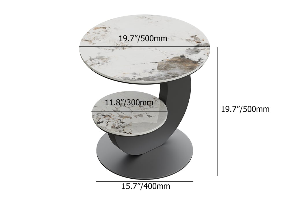 HMR 20" Round Sintered Stone 2-Tier Moon-Shaped Side Table - White & Gray