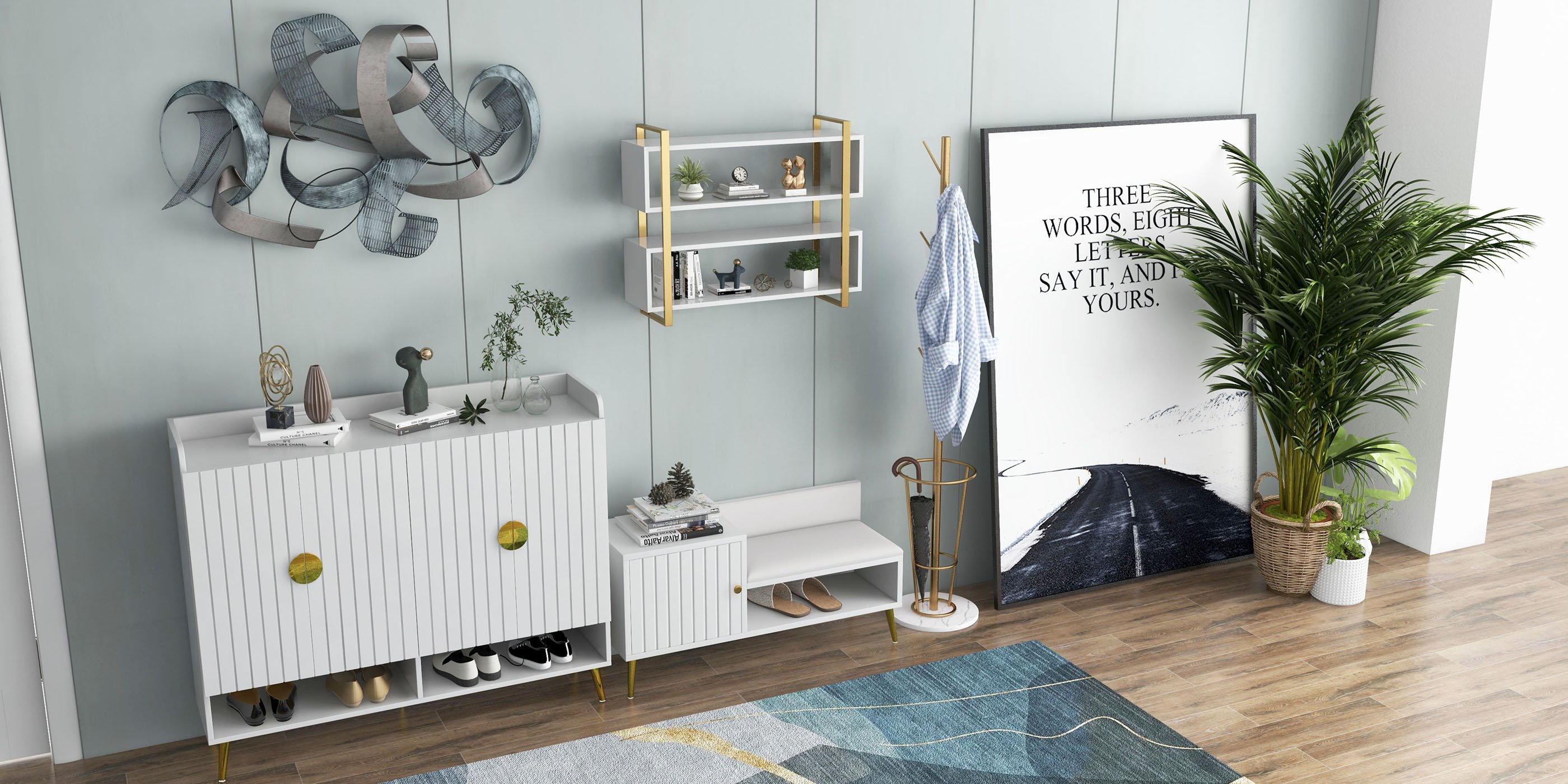 HMR - Yellar Nordic Entryway Shoe Cabinet with Doors & Open Shelves