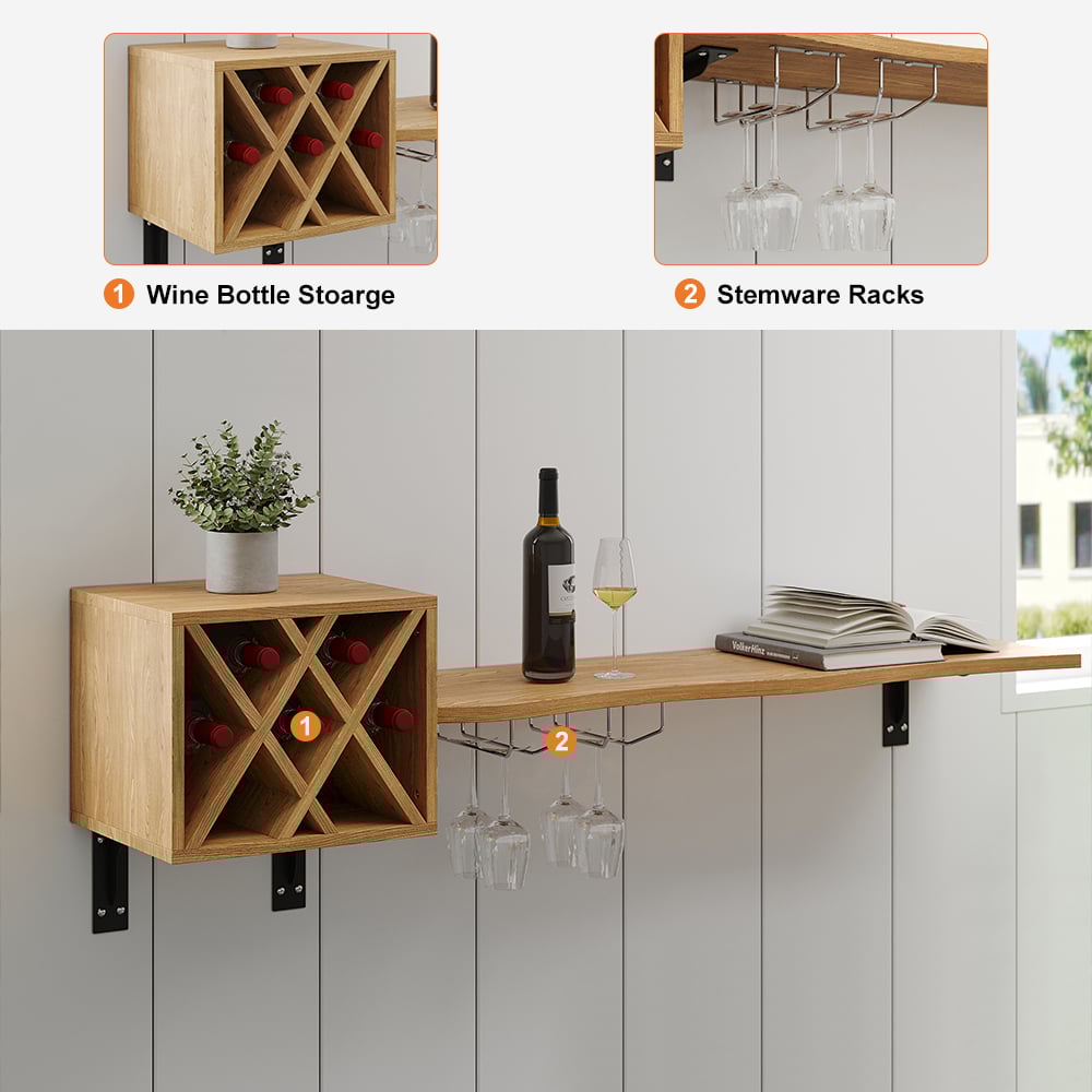 HMR - 53" Live-Edge Floating Bar Table with Wine Bottle Storage Wood Pub Table