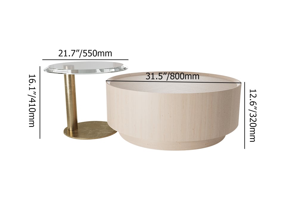 HMR - Set of 2 Round Nesting Coffee Table Set White Oak with 2 Drawers in White & Clear & Gold