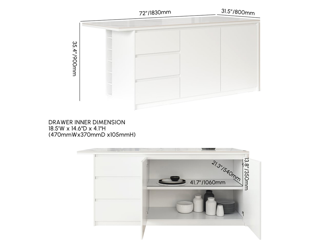 HMR Kitchen Island with Storage - White, 72“/1830mm, Sintered Stone
