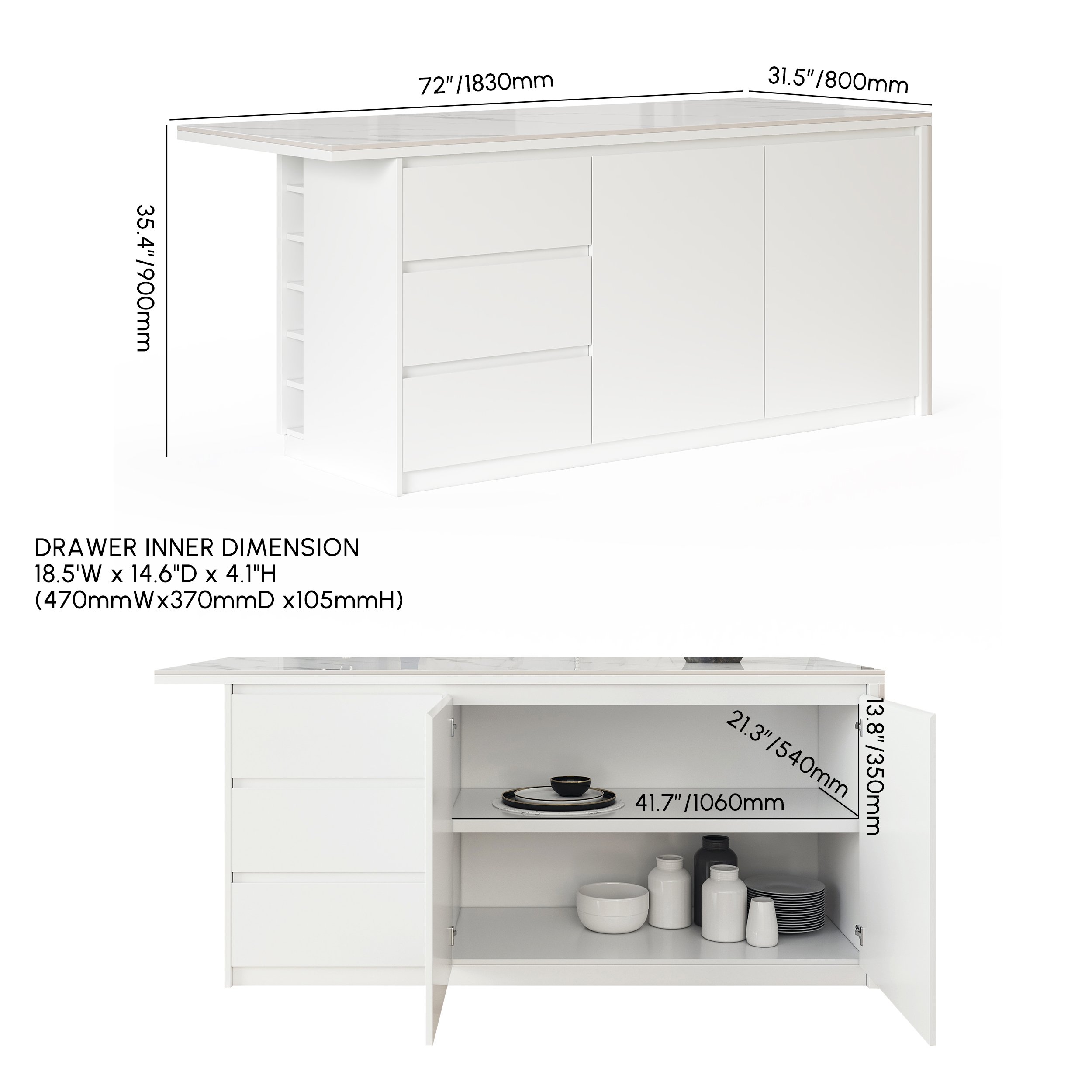 HMR Kitchen Island with Storage - White, 72“/1830mm, Sintered Stone