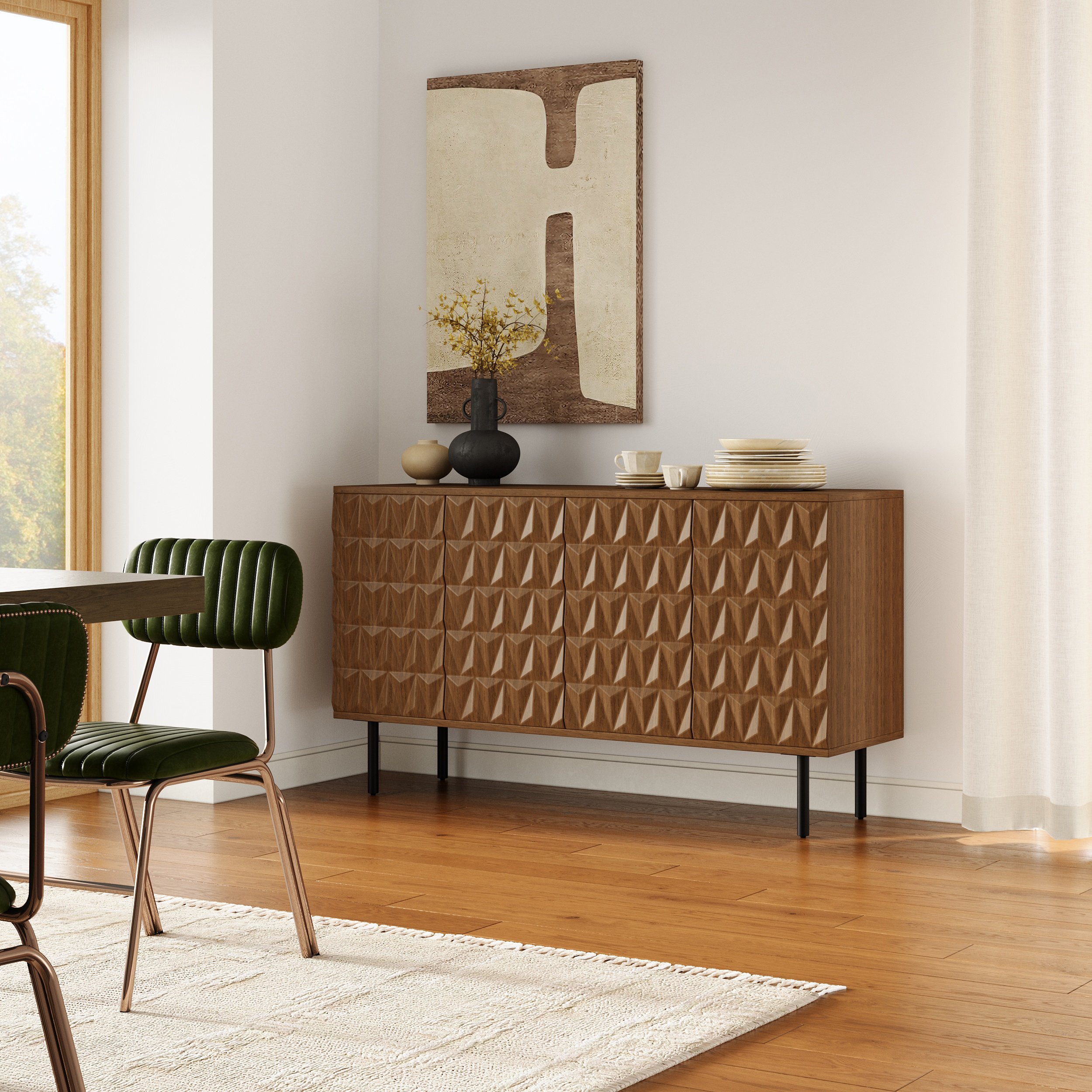 HMR - 59'' Walnut Wood Sideboard Cabinet For Dining Room