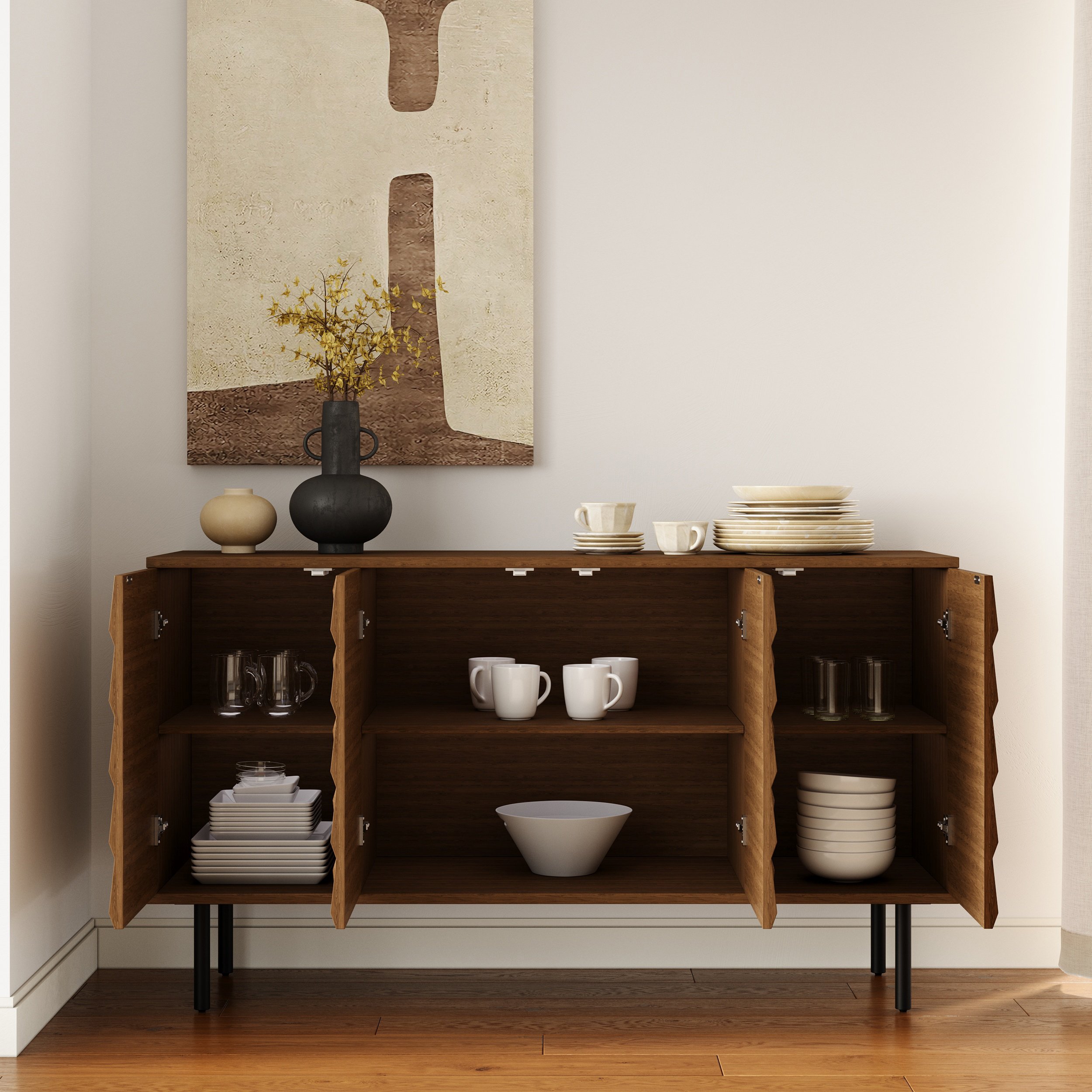 HMR - 59'' Walnut Wood Sideboard Cabinet For Dining Room