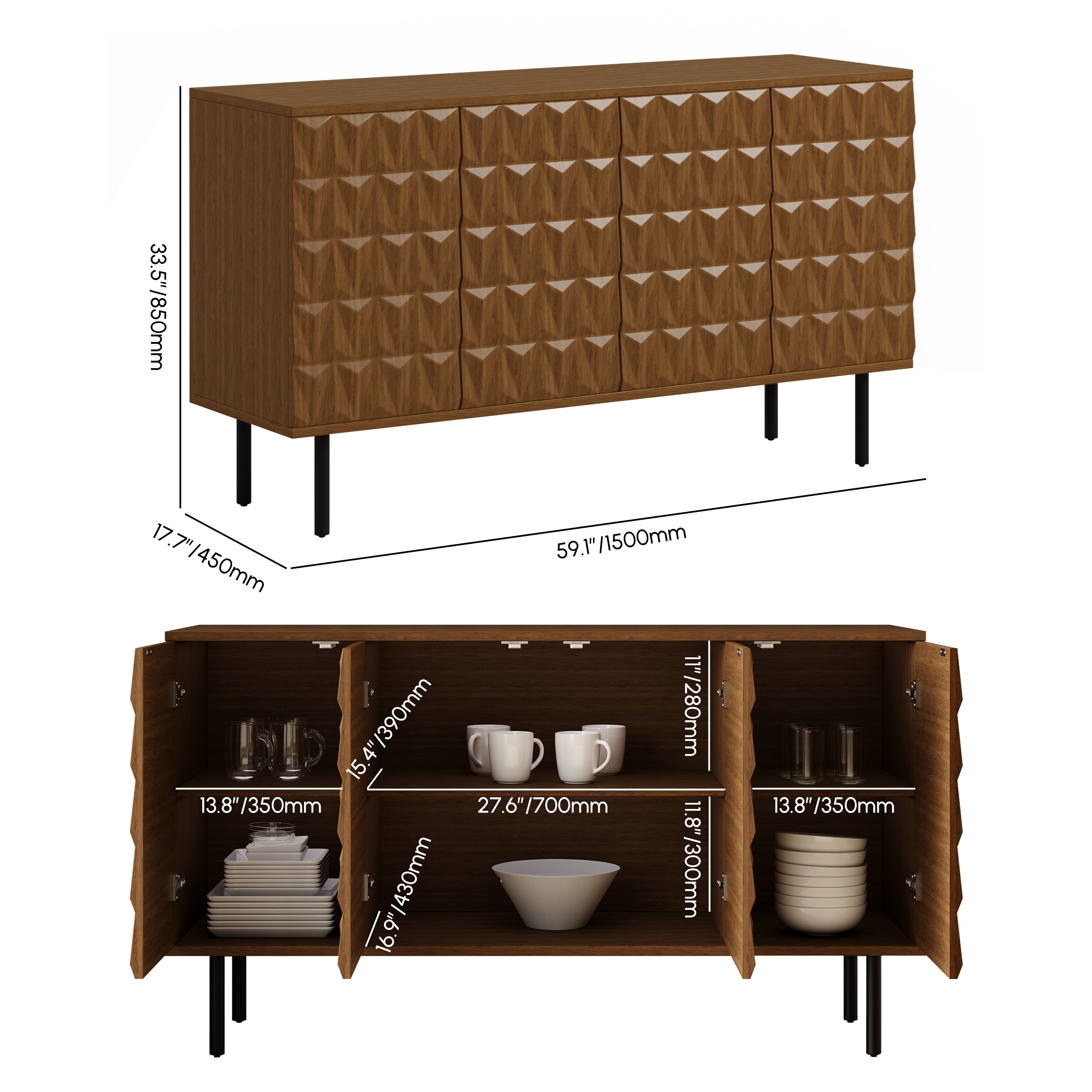 HMR - 59'' Walnut Wood Sideboard Cabinet For Dining Room