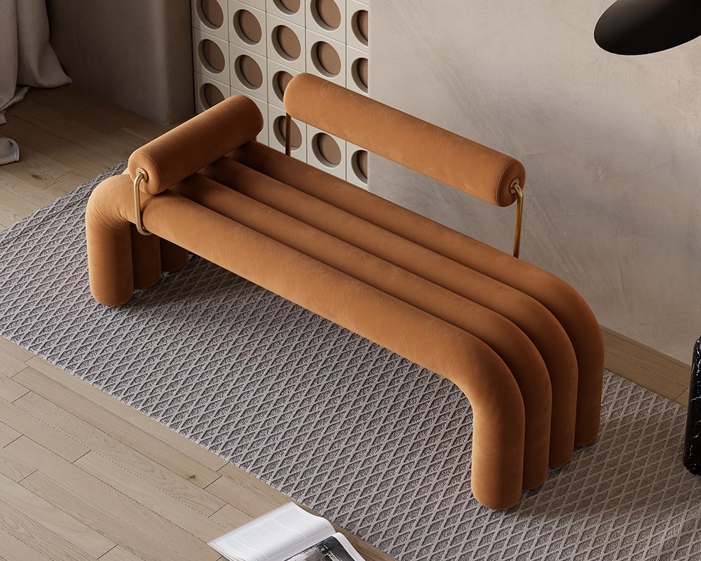 HMR Modern Line Tufted Bench Velvet Upholstered Entryway Bench in Gold Finish - Brown