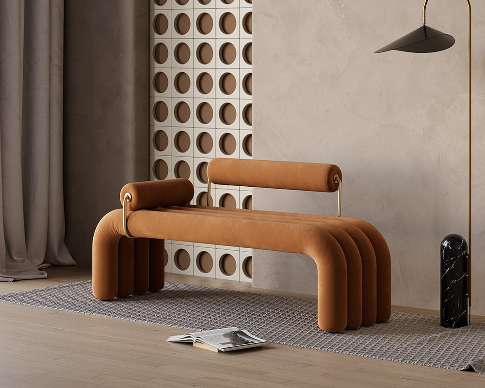 HMR Modern Line Tufted Bench Velvet Upholstered Entryway Bench in Gold Finish - Brown