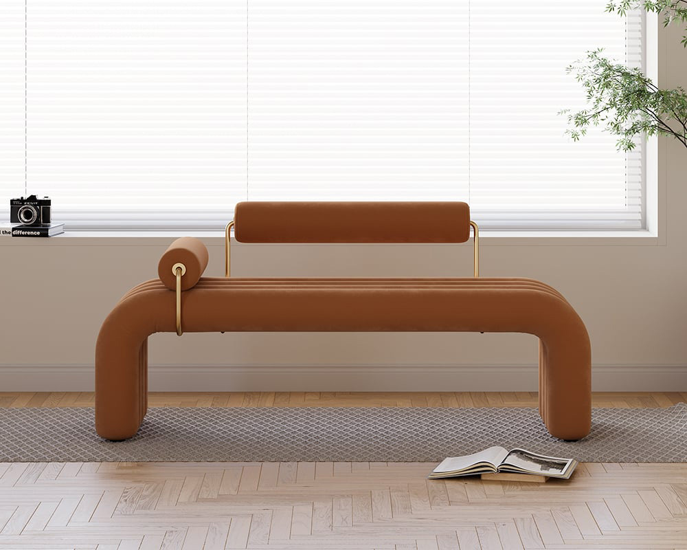 HMR Modern Line Tufted Bench Velvet Upholstered Entryway Bench in Gold Finish - Brown