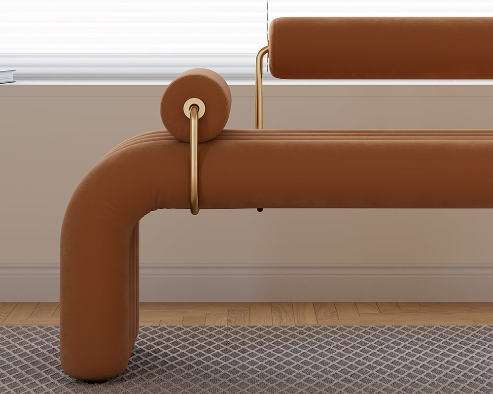 HMR Modern Line Tufted Bench Velvet Upholstered Entryway Bench in Gold Finish - Brown