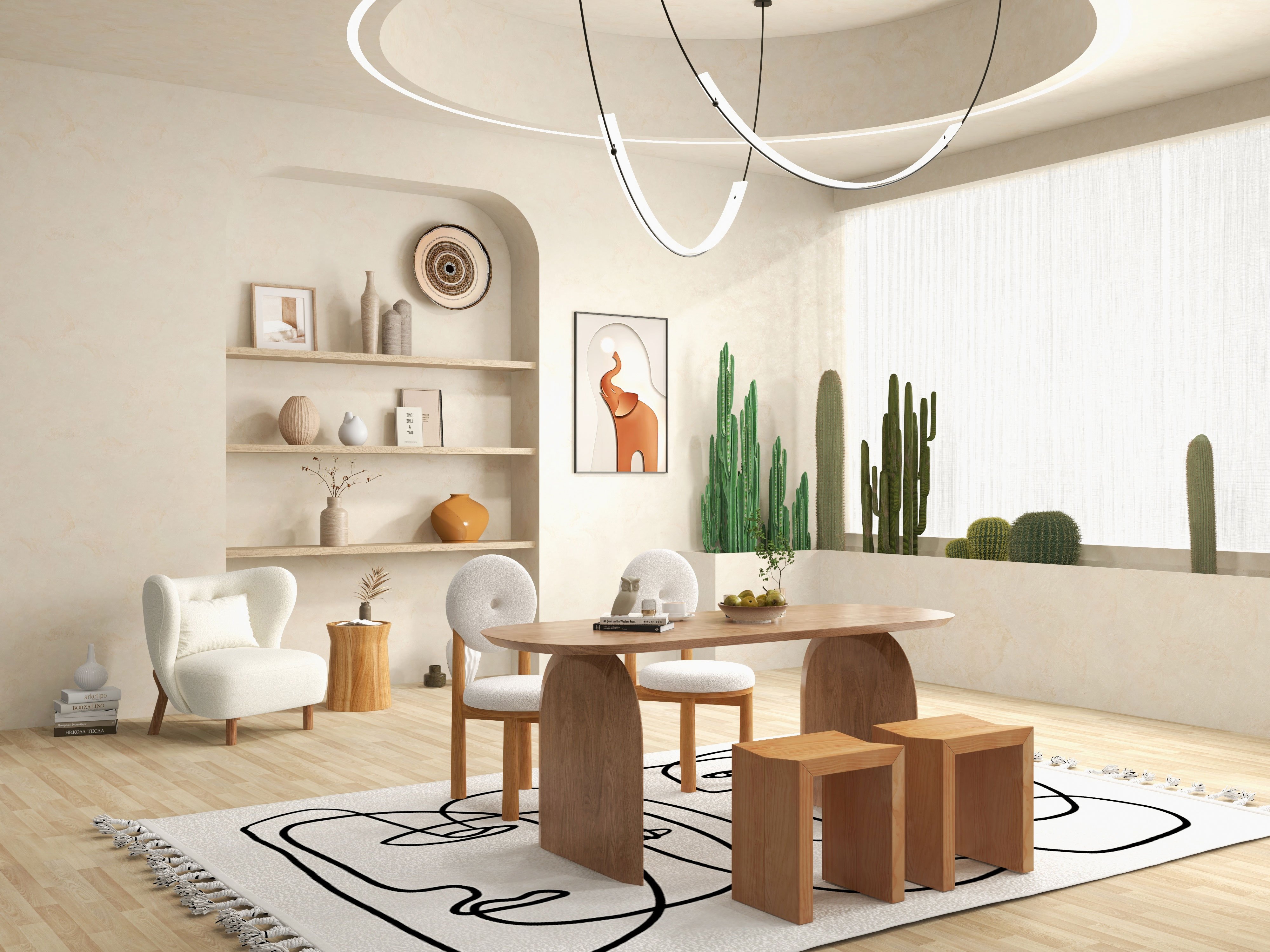 HMR - Japandi Modern Dining Chairs with Sherpa Upholstery White
