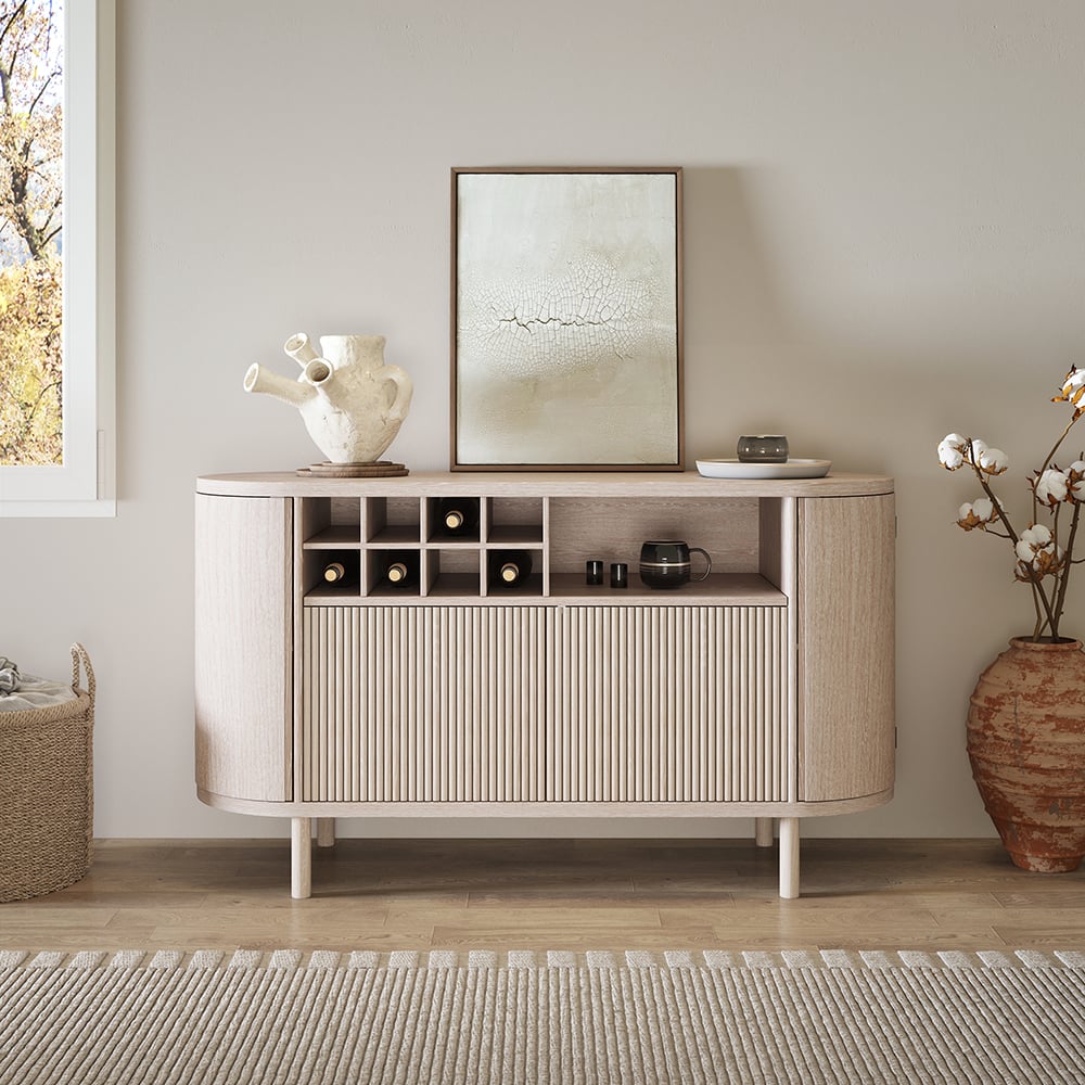 HMR - 59" Japandi Distressed Natural Wood Sideboard Buffet Wine Rack 4 Doors Credenza