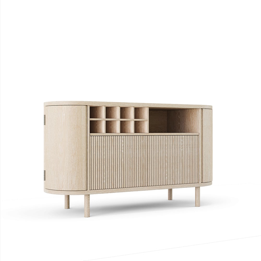 HMR - 59" Japandi Distressed Natural Wood Sideboard Buffet Wine Rack 4 Doors Credenza