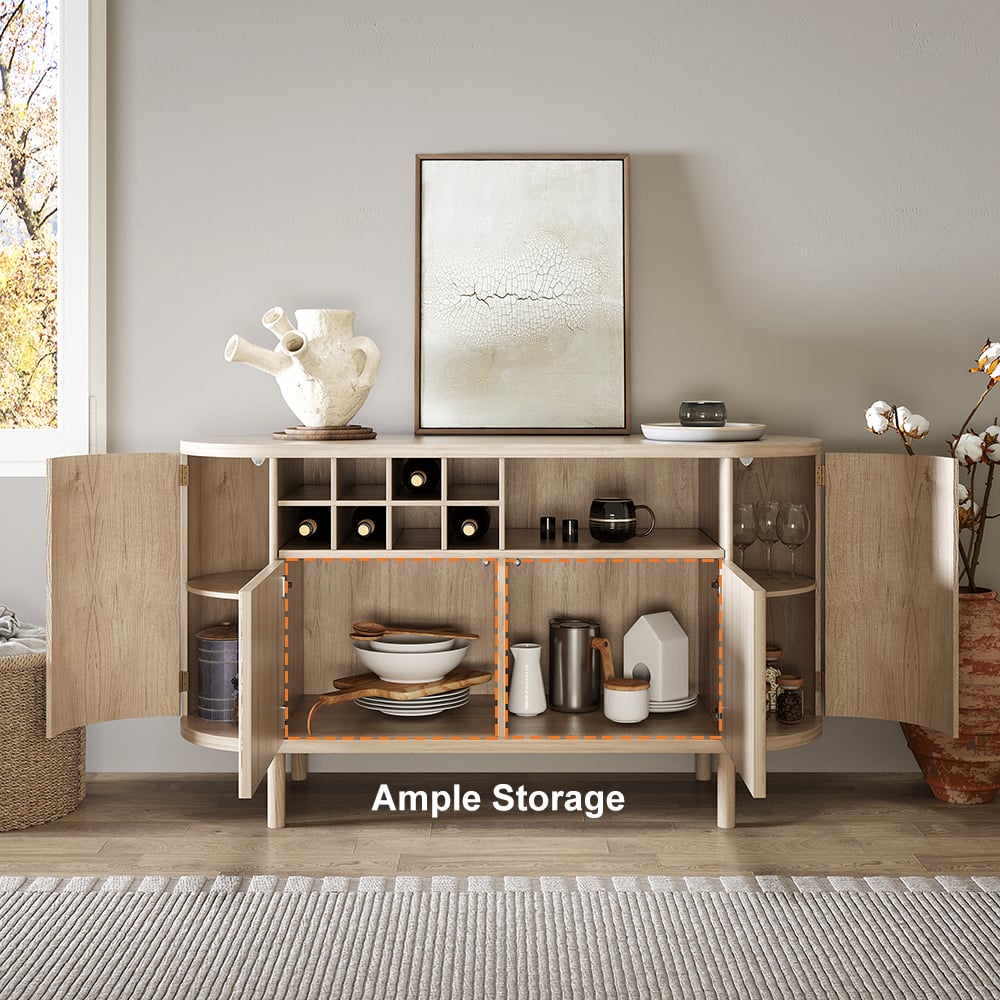HMR - 59" Japandi Distressed Natural Wood Sideboard Buffet Wine Rack 4 Doors Credenza