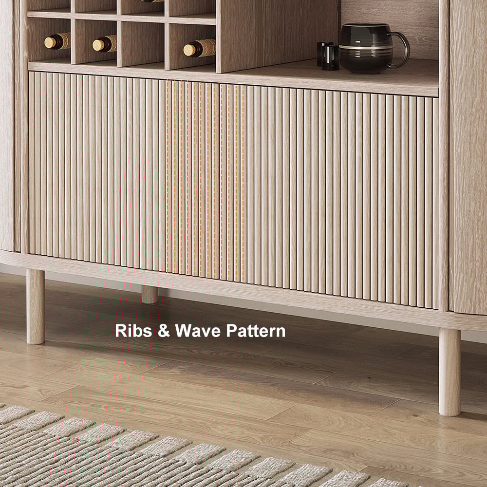 HMR - 59" Japandi Distressed Natural Wood Sideboard Buffet Wine Rack 4 Doors Credenza
