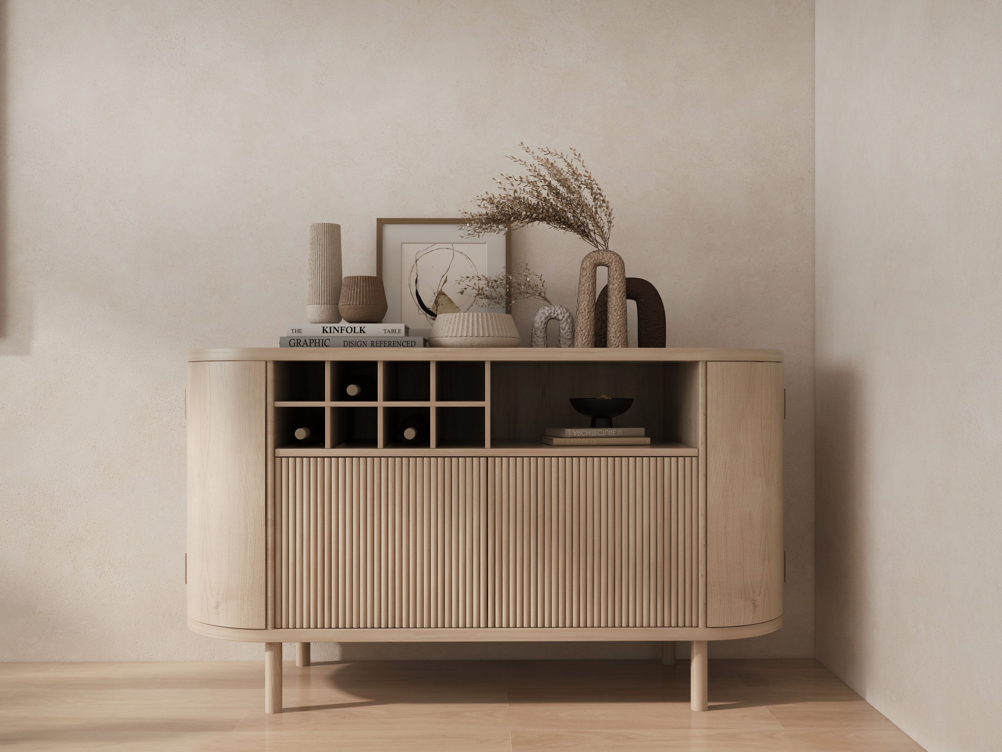 HMR - 59" Japandi Distressed Natural Wood Sideboard Buffet Wine Rack 4 Doors Credenza