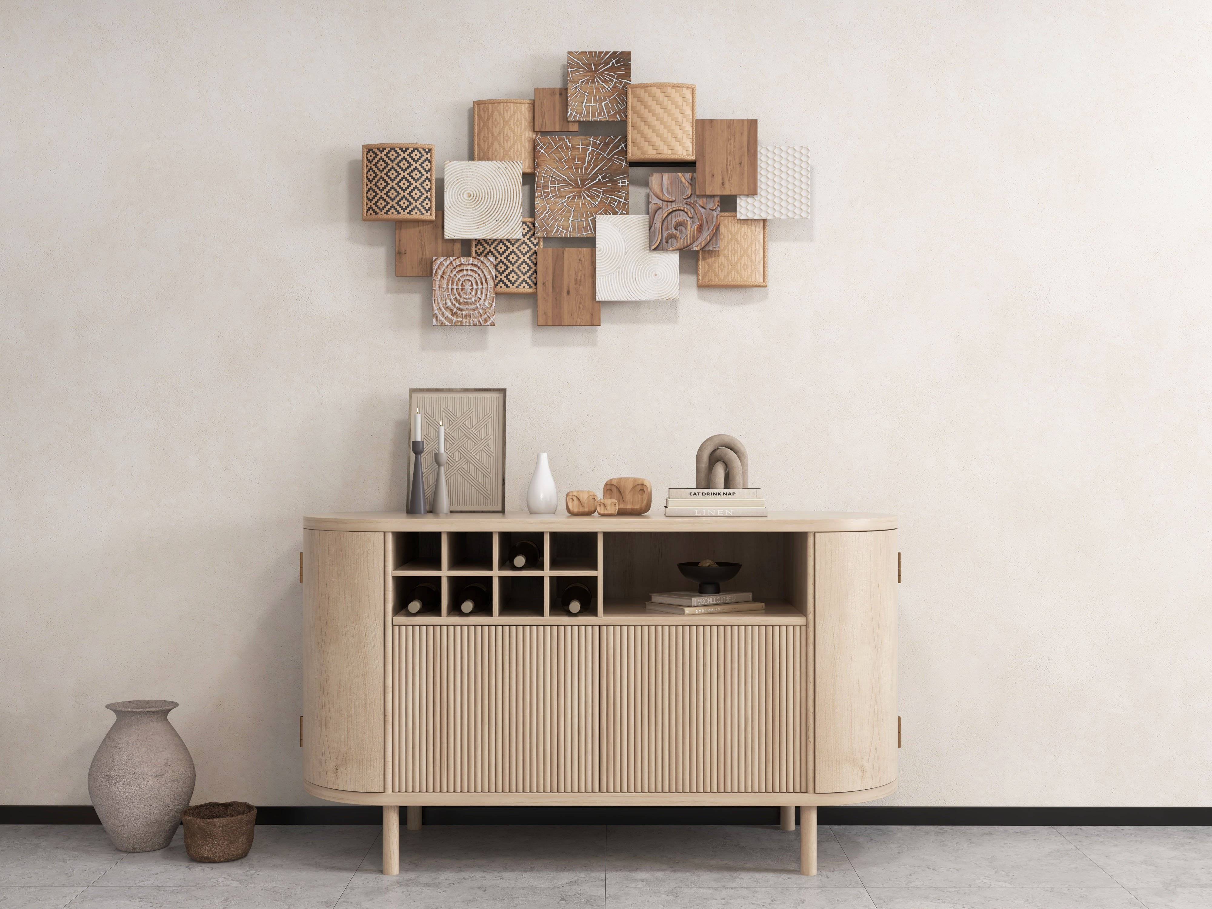 HMR - 59" Japandi Distressed Natural Wood Sideboard Buffet Wine Rack 4 Doors Credenza