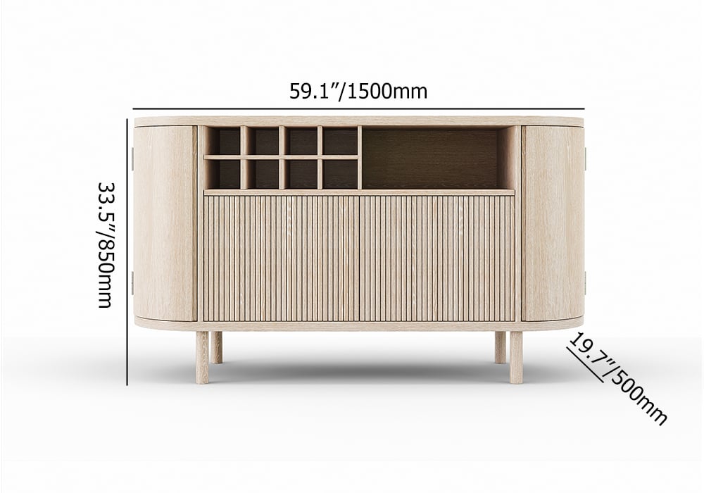 HMR - 59" Japandi Distressed Natural Wood Sideboard Buffet Wine Rack 4 Doors Credenza