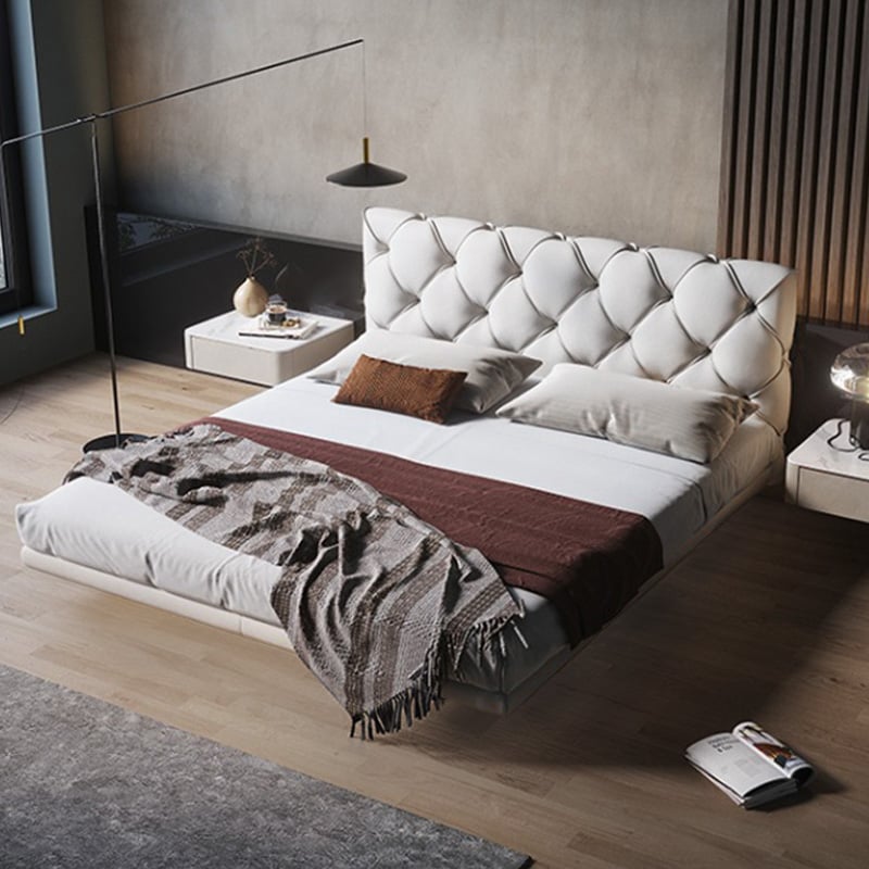 HMR - Modern King Floating Bed with Microfiber Upholstery Tufted Headboard in White