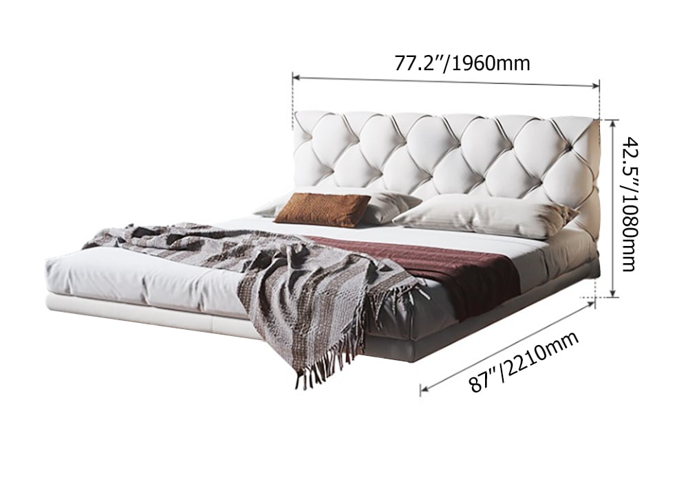 HMR - Modern King Floating Bed with Microfiber Upholstery Tufted Headboard in White