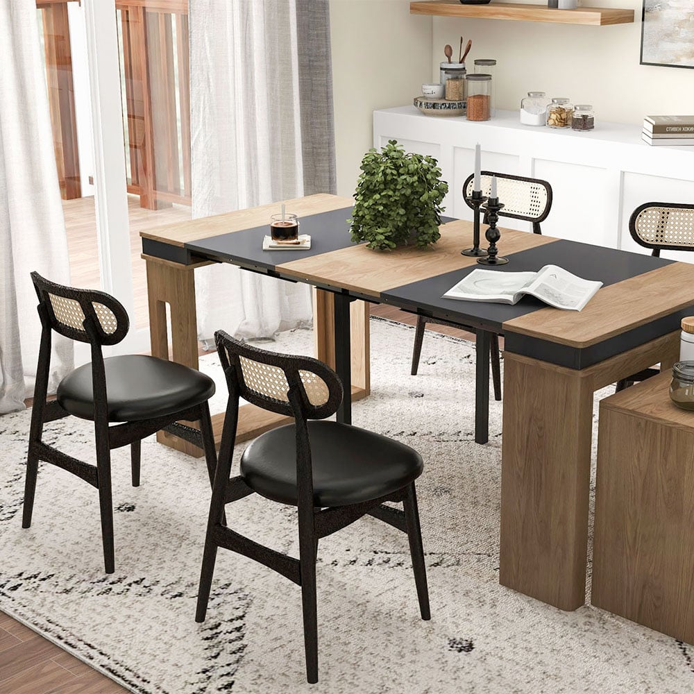 HMR Japandi Modern Wood Dining Chair with Faux Leather Upholstery - Black, Set of 2