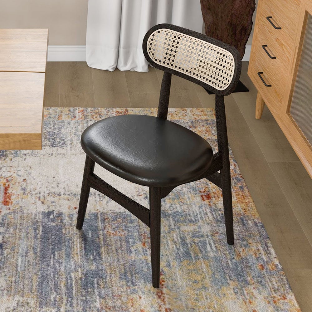 HMR Japandi Modern Wood Dining Chair with Faux Leather Upholstery - Black, Set of 2
