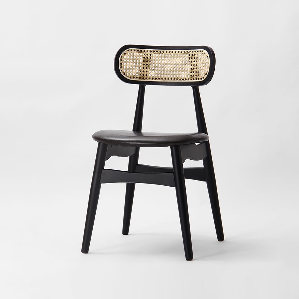 HMR Japandi Modern Wood Dining Chair with Faux Leather Upholstery - Black, Set of 2