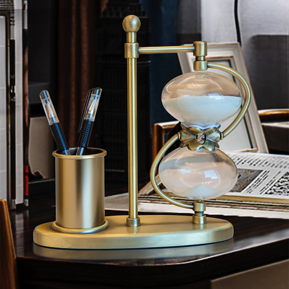 HMR - Vintage Antique Desk Decoration Brass Pen Holder 30 Minutes Hourglass Desk organizer