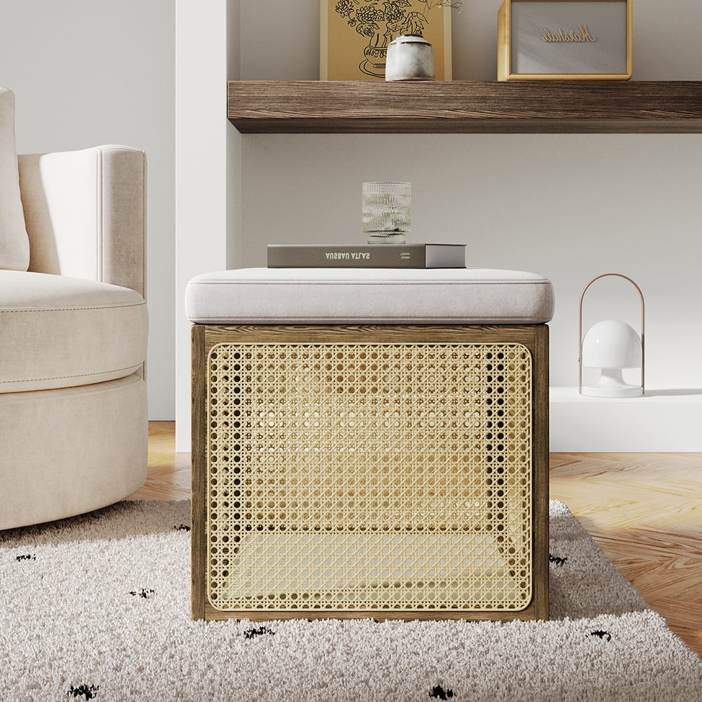 HMR - 18.1'' Boho Rattan Storage Ottoman Square Foot Stool in Khaki & Natural