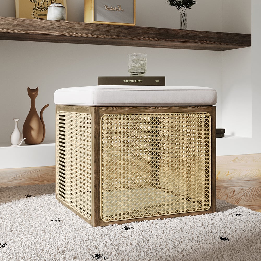 HMR - 18.1'' Boho Rattan Storage Ottoman Square Foot Stool in Khaki & Natural