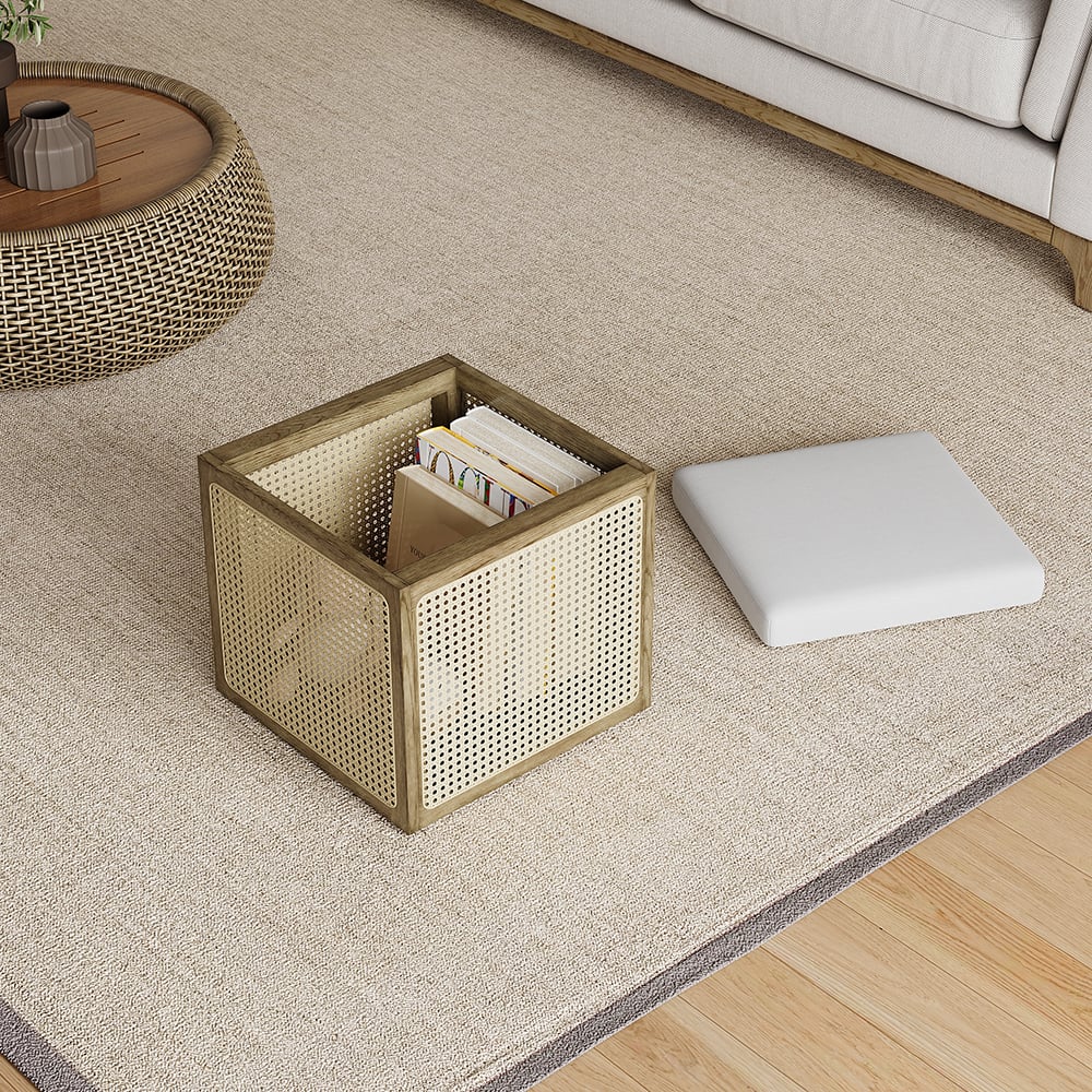 HMR - 18.1'' Boho Rattan Storage Ottoman Square Foot Stool in Khaki & Natural