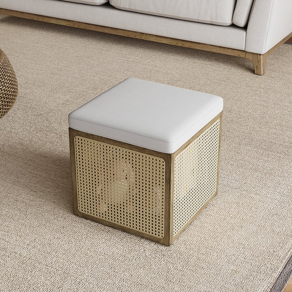 HMR - 18.1'' Boho Rattan Storage Ottoman Square Foot Stool in Khaki & Natural