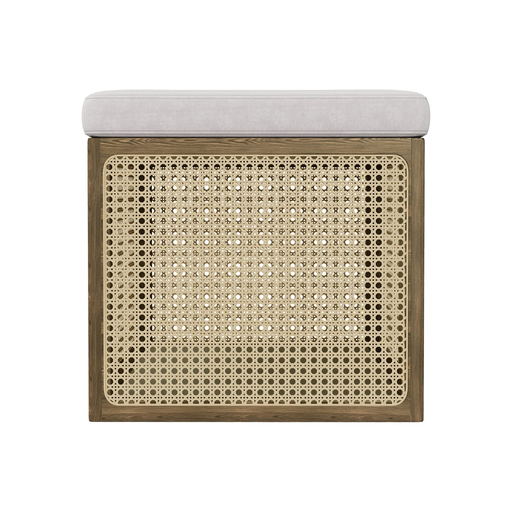 HMR - 18.1'' Boho Rattan Storage Ottoman Square Foot Stool in Khaki & Natural