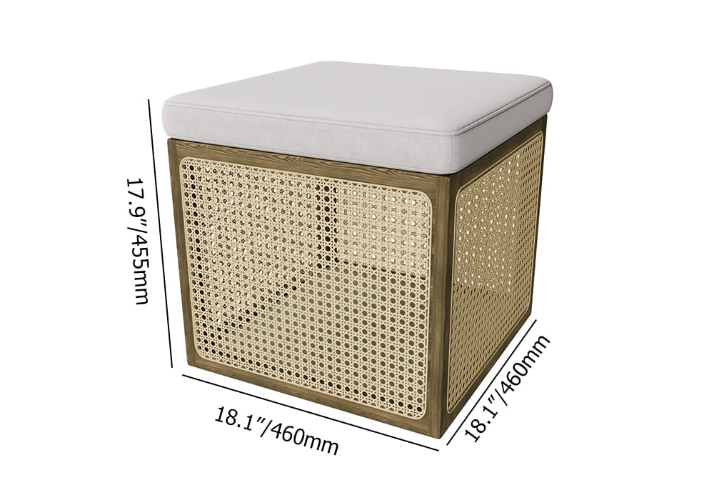 HMR - 18.1'' Boho Rattan Storage Ottoman Square Foot Stool in Khaki & Natural
