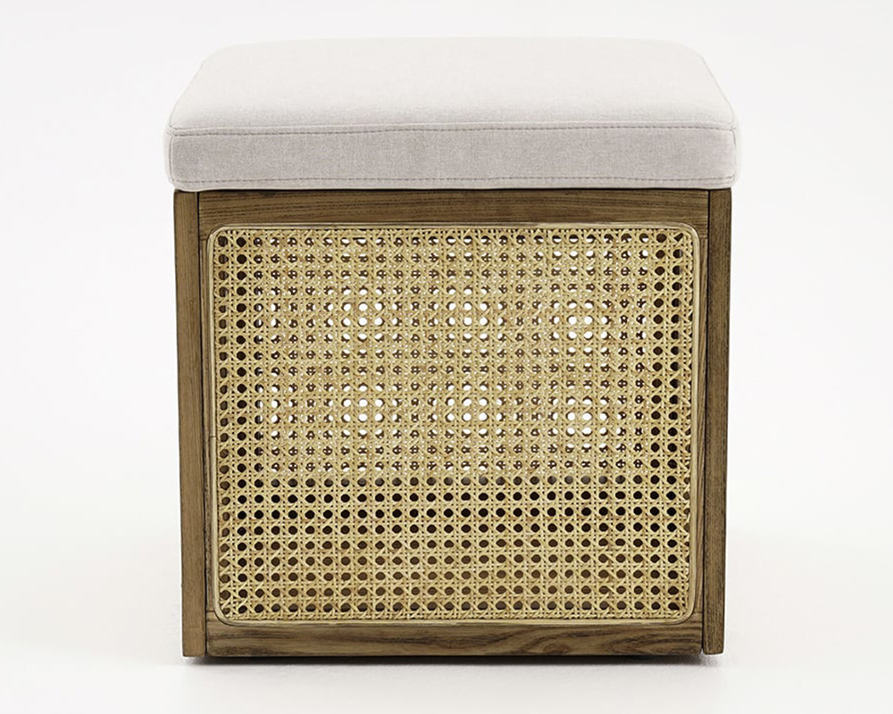 HMR - 18.1'' Boho Rattan Storage Ottoman Square Foot Stool in Khaki & Natural