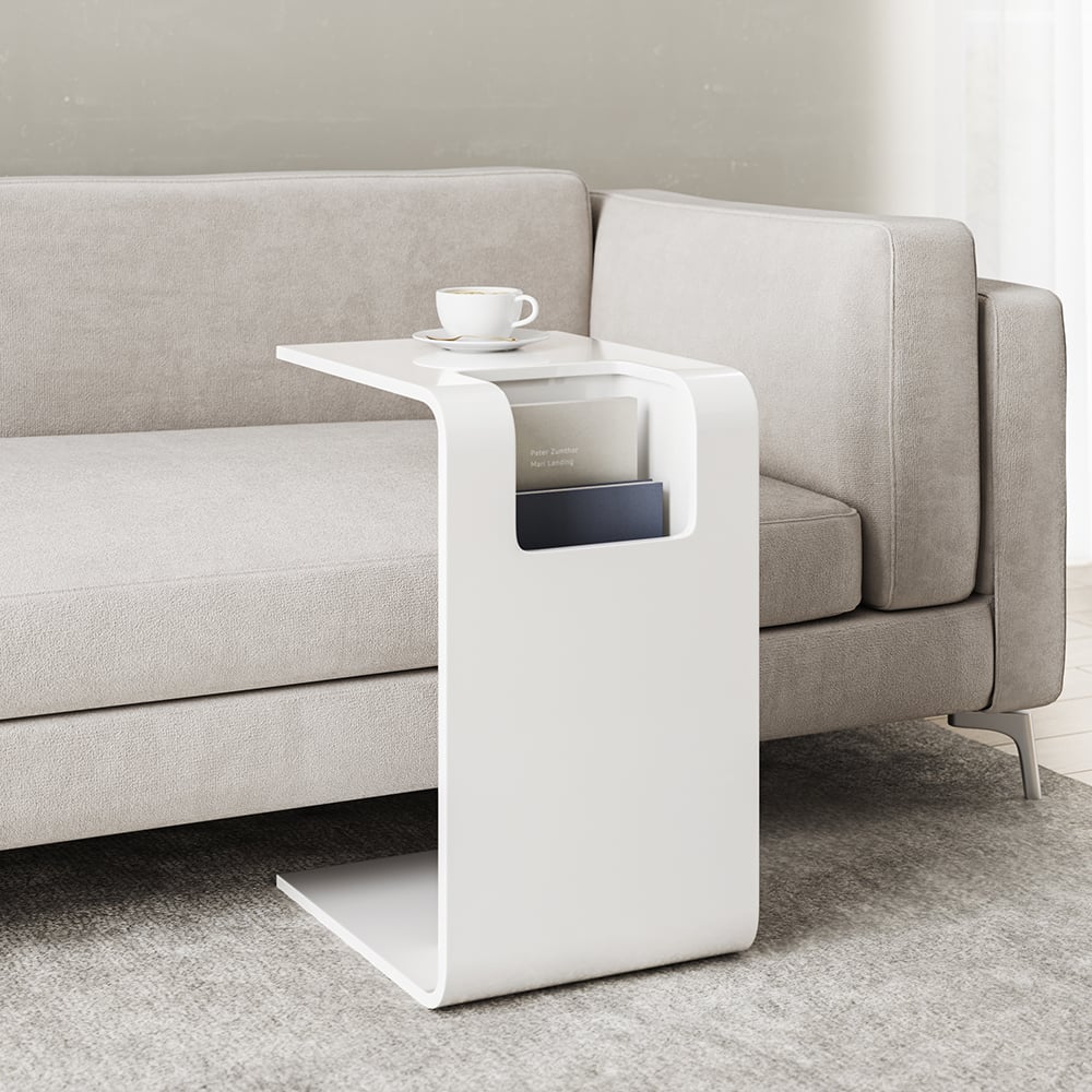 HMR C-Shaped Convertible Wood Side Table with Storage - White